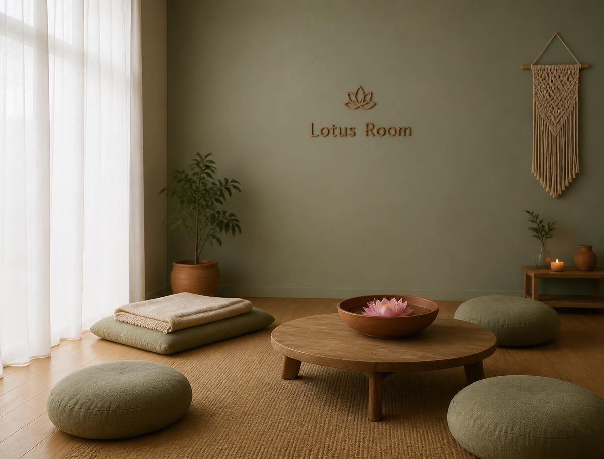 Sala Lótus com paredes em verde sálvia, almofadas no chão e uma flor de lótus em bacia de barro
